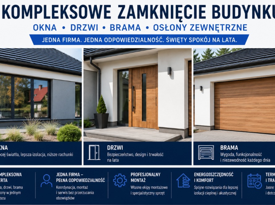 Okna, drzwi wejściowe i brama garażowa w trzech ujęciach z hasłem Kompleksowe zamknięcie budynku
