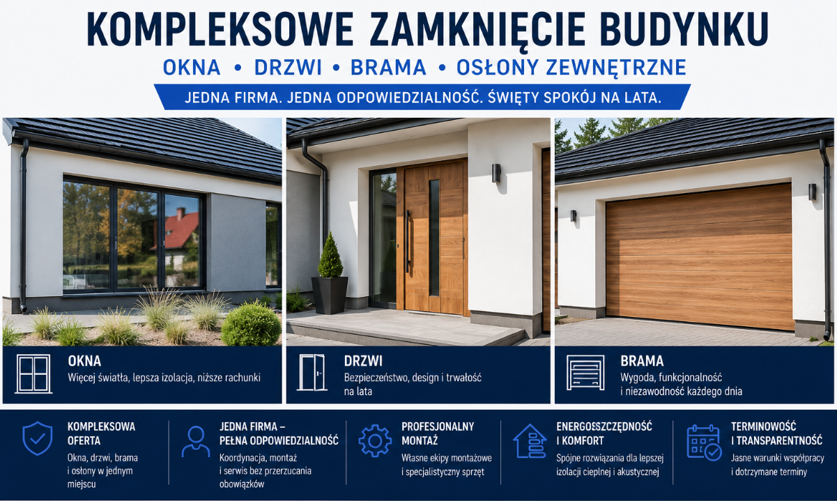 Okna, drzwi wejściowe i brama garażowa w trzech ujęciach z hasłem Kompleksowe zamknięcie budynku