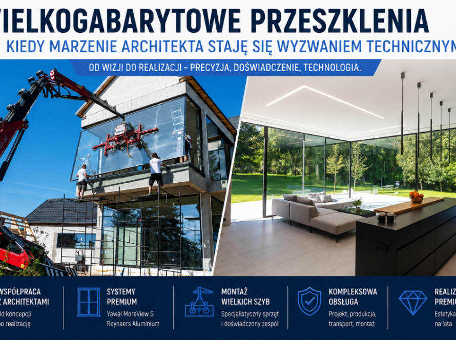 Montaż dużej szyby dźwigiem na budowie domu i nowoczesne wnętrze z wielkimi przeszkleniami
