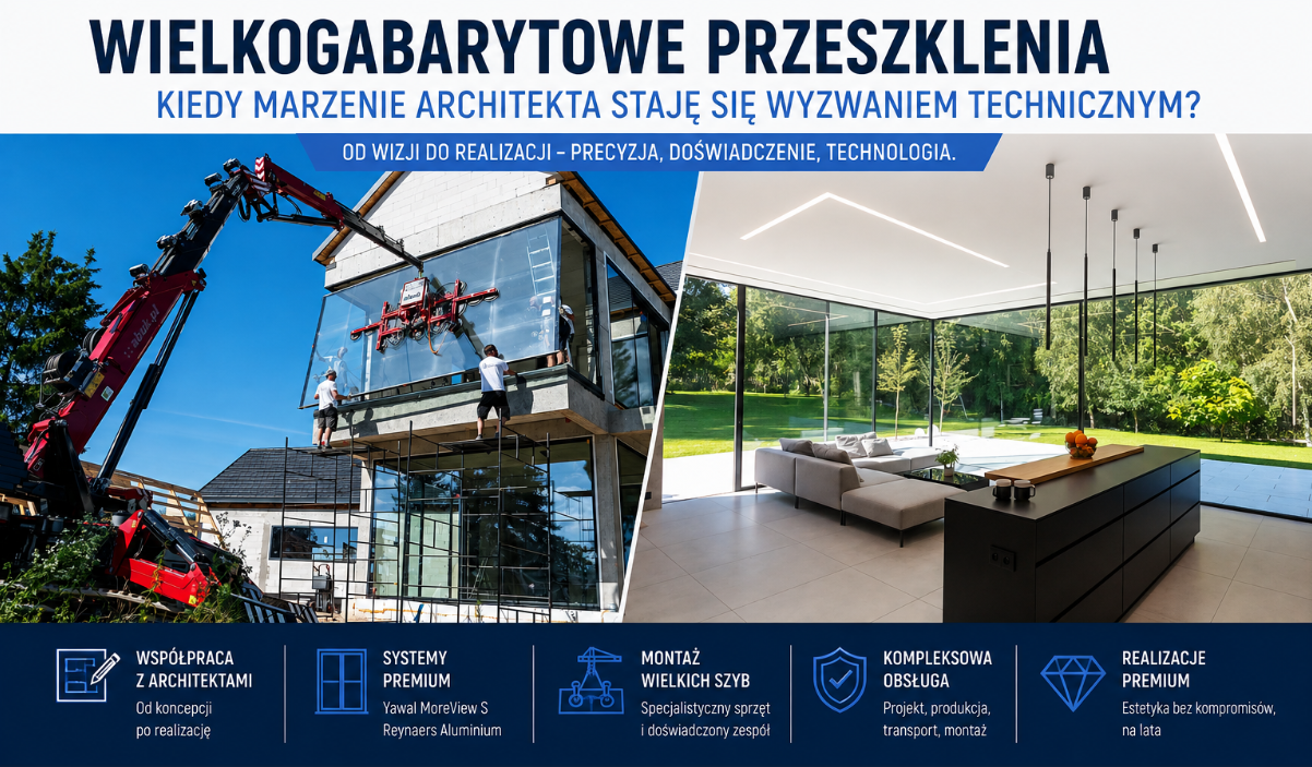 Montaż dużej szyby dźwigiem na budowie domu i nowoczesne wnętrze z wielkimi przeszkleniami