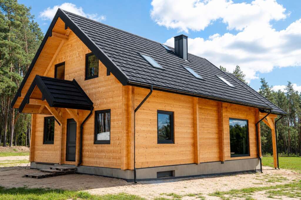 Drewniany dom z bali z ciemnymi oknami i oknami dachowymi wśród sosen