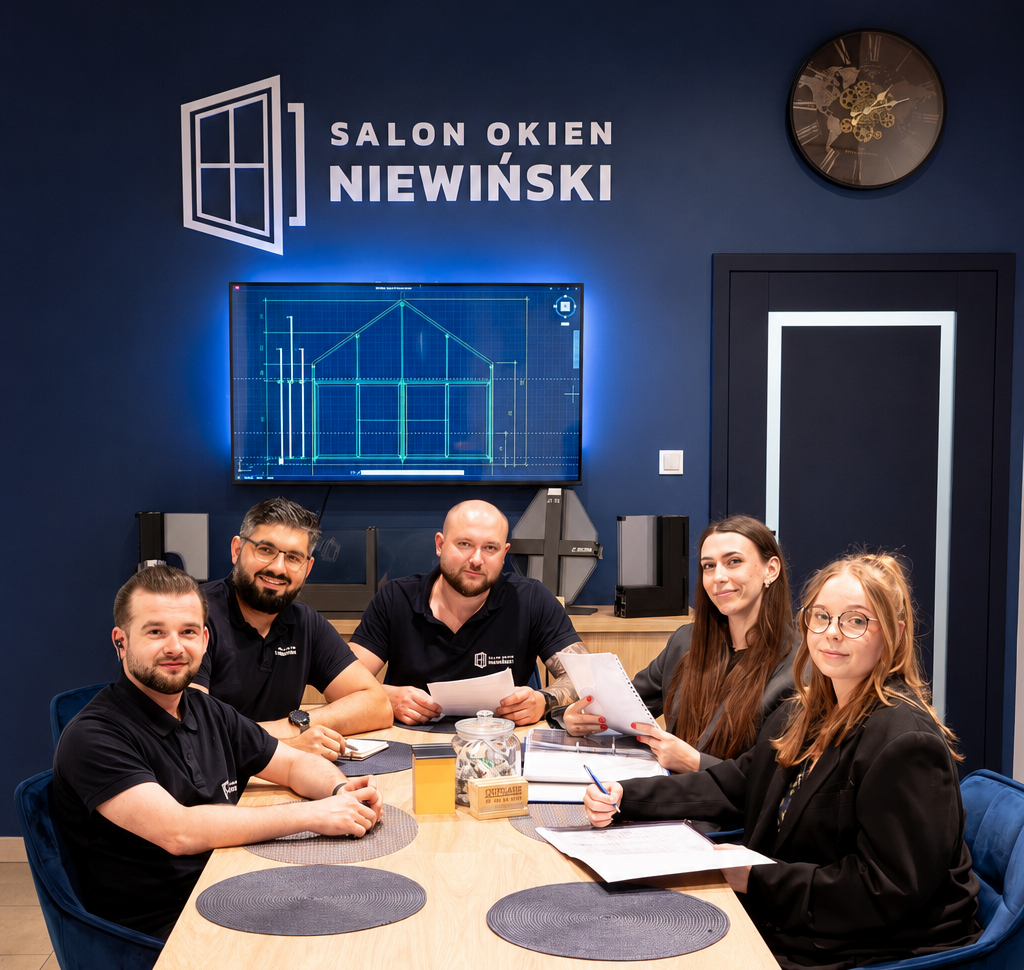 Pięcioosobowy zespół Salonu Okien Niewiński przy stole pod szyldem firmy