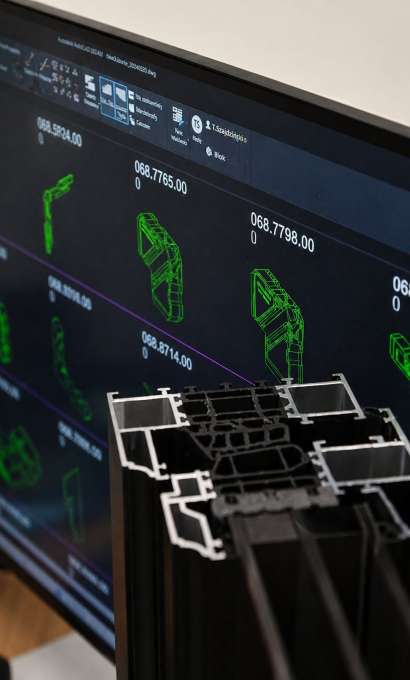 Przekrój profilu okiennego na tle monitora z rysunkami technicznymi w programie CAD